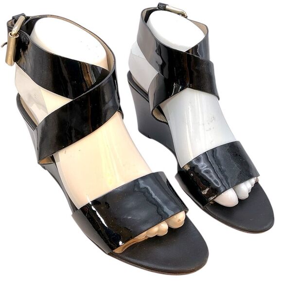 AGL LADIES SHOES 37 1/2 black patent strappy capsule heels sandals minimalist - Picture 1 of 13